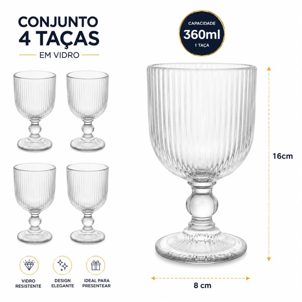 Conjunto com 4 Taças de Vidro 360ml – Elegância para compartilhar bons momentos