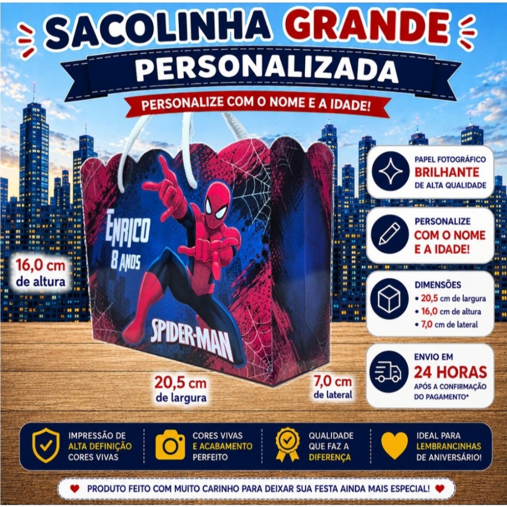 Kit Sacolinha Personalizada Grande - HOMEM ARANHA | SPIDER MAN | Lembrancinha Festa Infantil Aniversário