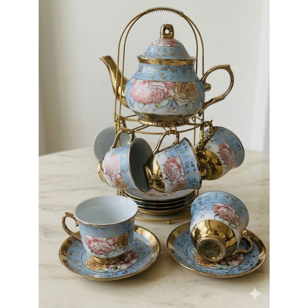 Kit Bule Porcelana 13 Peças com Suporte Dourado 6 Xícaras 6 Pires - ESTAMPAS ALEATÓRIAS