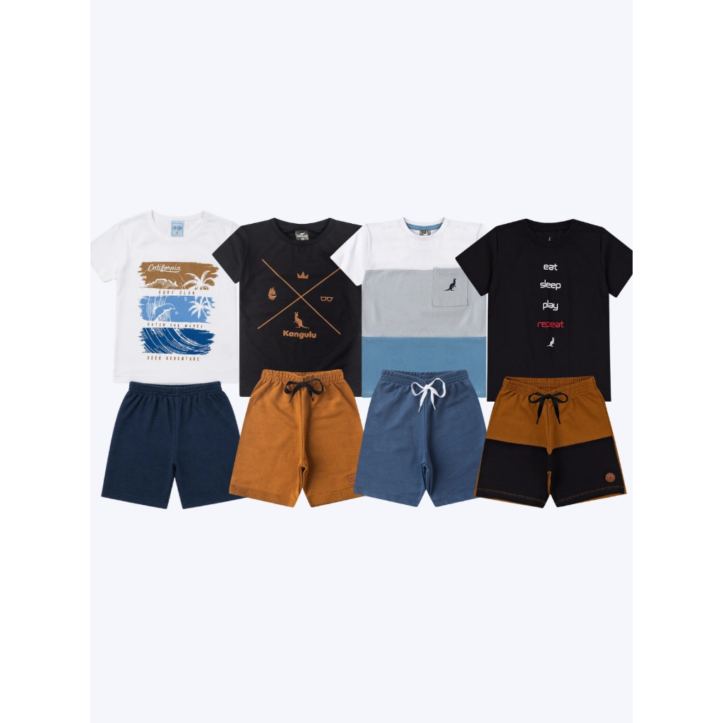 Kit 4 Peças Conjunto Infantil Bebê Menino Verão Algodão Promoção 2 Camisas 2 Shorts Envio Sortido