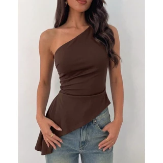 Blusa Feminina Regata Mula Manca Assimétrica Franzida Drapeada Casual Ombro Só Elegante