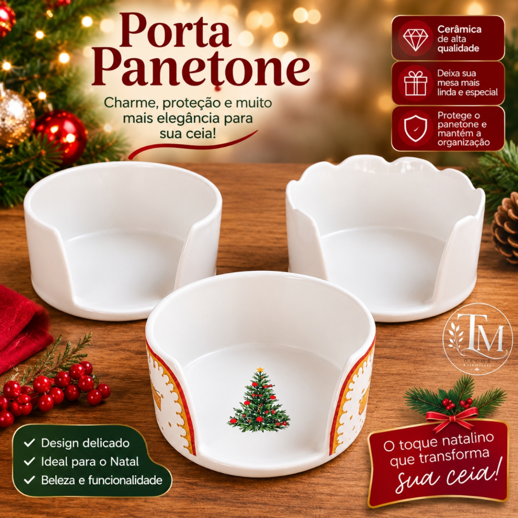 Porta Panetone de Porcelana Natalino Decorativo para Mesa Posta Natal 17cm