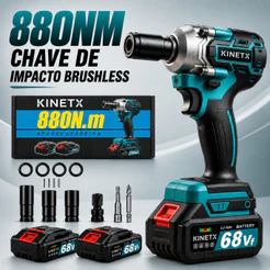 Chave De Impacto KINETX Parafusadeira Brushless 880Nm Encaixe 1/2" 21V Sem Fio 3 Em 1 Kit 2 Baterias e Soquetes