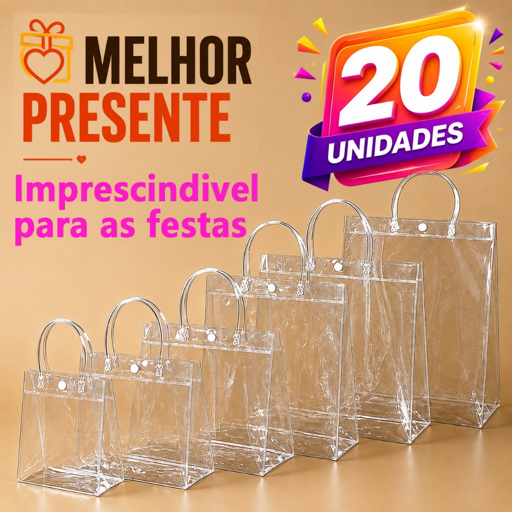 Kit 20 Sacola Transparente PVC com Alça Presentes para Casamentos e Bolsa De Lembrança De Aniversário Infantil