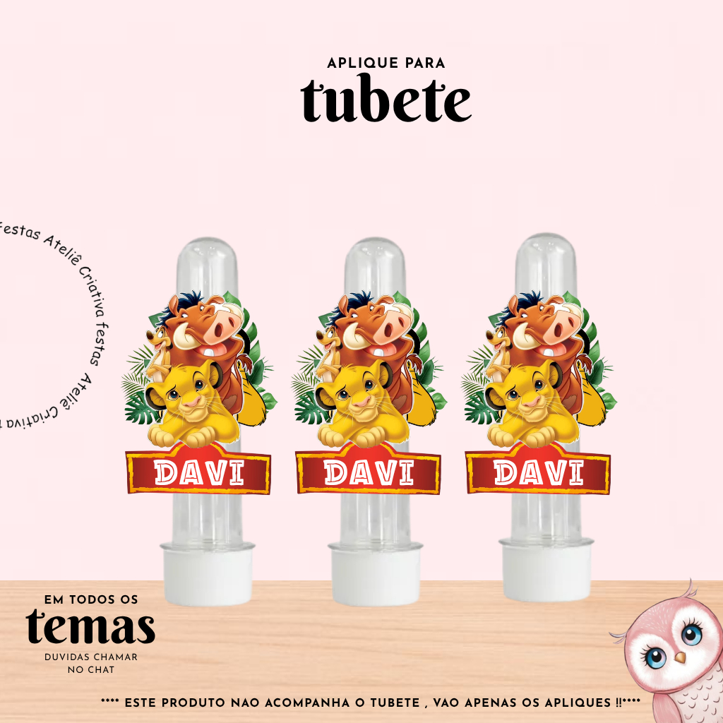Aplique para Tubete Personalizado com nome Rei Leão Lembrancinha Festa Infantil Aniversário Mimo TODOS OS TEMAS