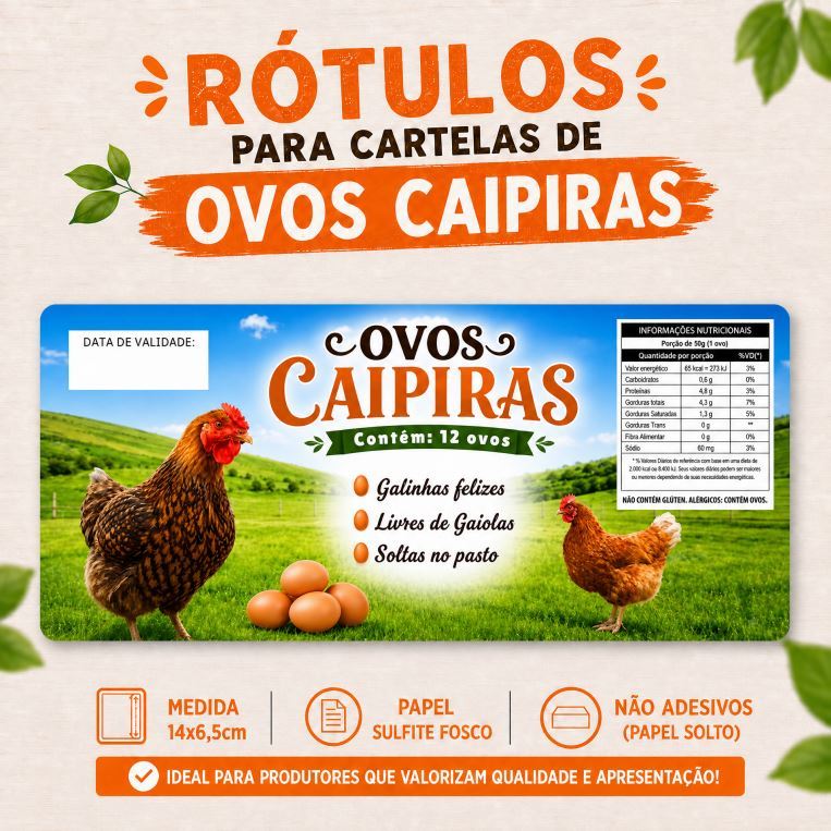 Rótulos para Cartelas de Ovos Caipiras (14cm x 6,5cm)