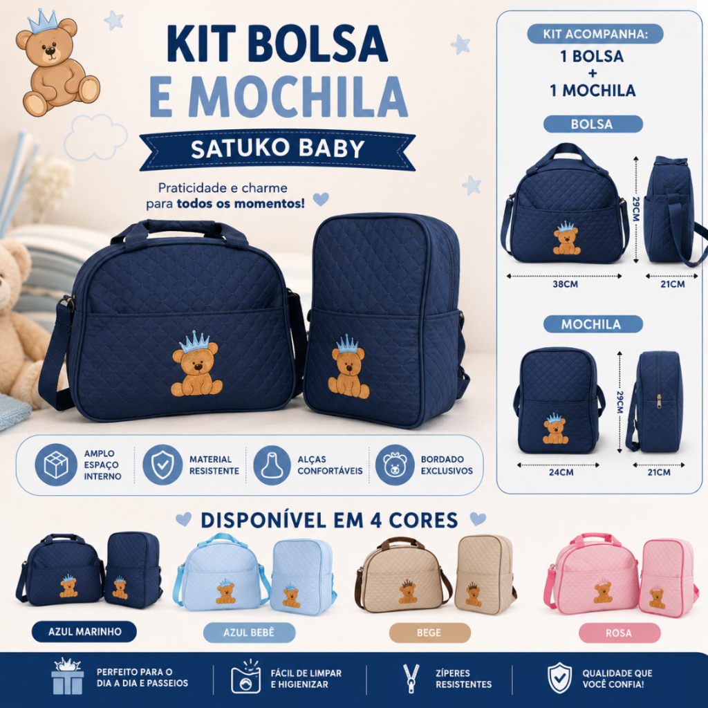 Kit Bolsa E Mochila para Bebê Saida Maternidade Urso Bordada
