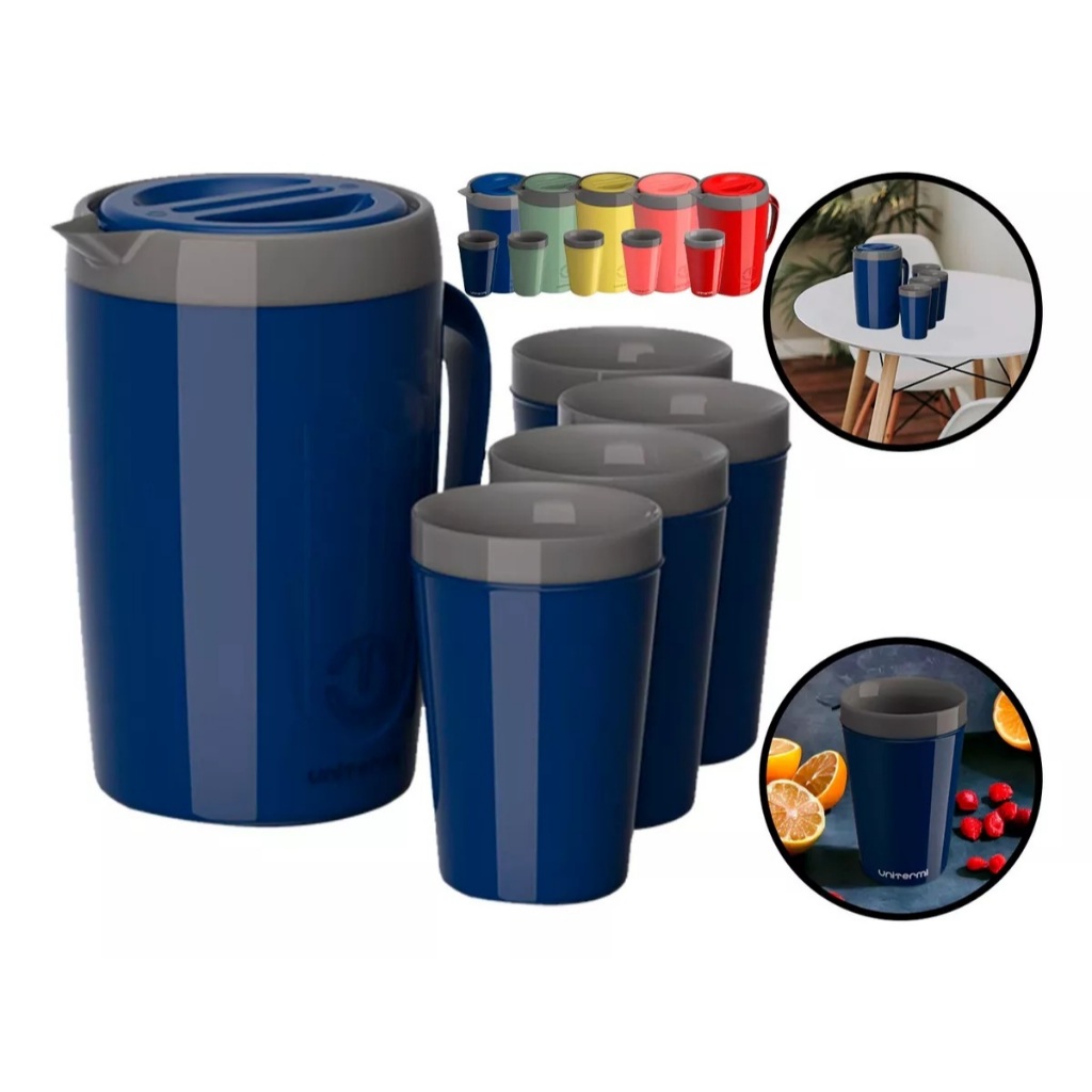 Kit Jarra Térmica Caribe 2l E 4 Copos Térmicos Água Suco Chá