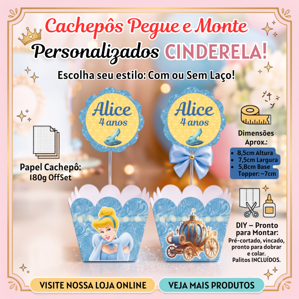 Centro de Mesa Cachepô Cinderela Personalizado | Centro de Mesa Cinderela | Lembrancinha Festa Infantil | Cinderela