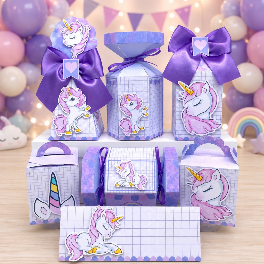 Kit Festa Unicórnio Lilás Caixinhas Personalizadas Lembrancinhas de Aniversário