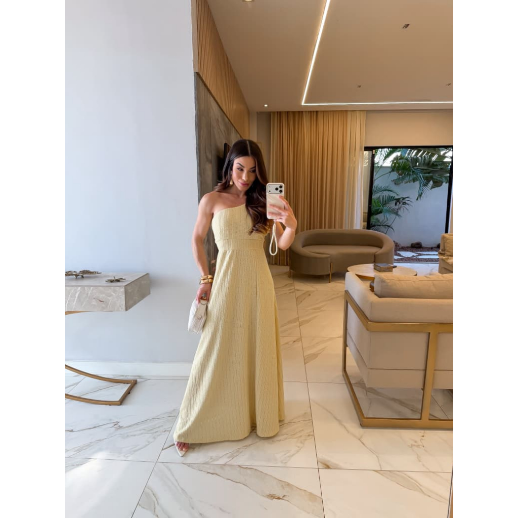 Vestido Longo Feminino Elegante Festa Sofisticado Gola Assimétrica Manga Única e Fenda Confortável