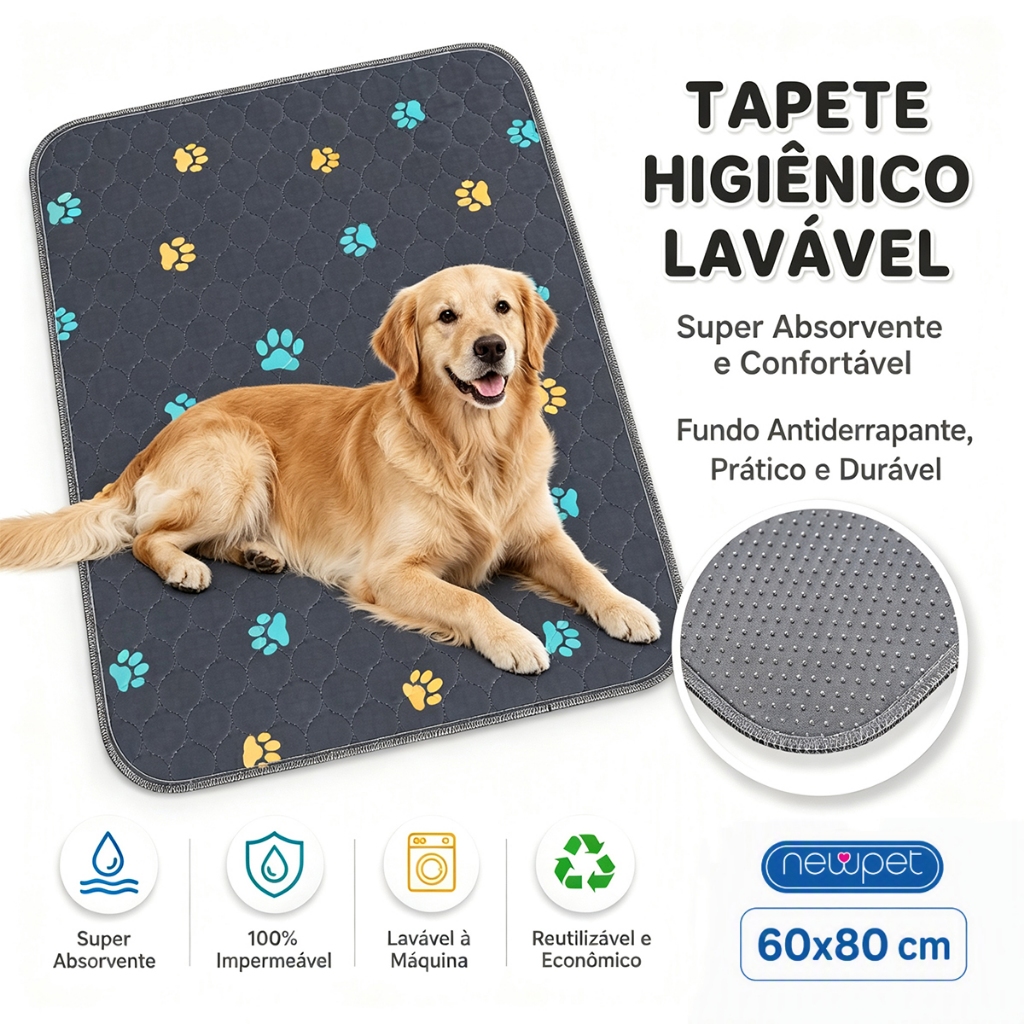 [600 Lavagens] Tapete Higiênico Cinza Escuro Lavável 80x60cm para Cachorro Super Absorvente Impermeável Reutilizável