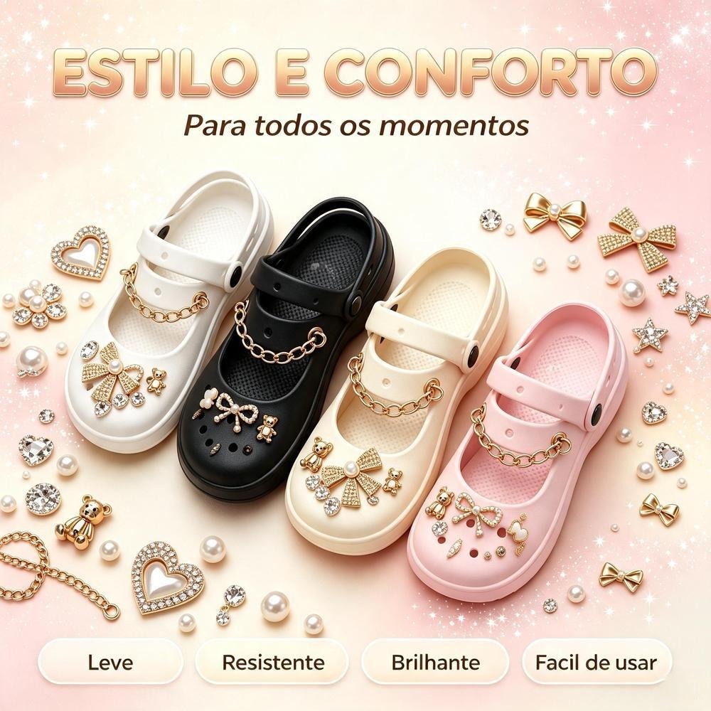 Sandália Clog Feminina Mary Jane EVA Plataforma Antiderrapante com Charmes Decorativos Inclusos