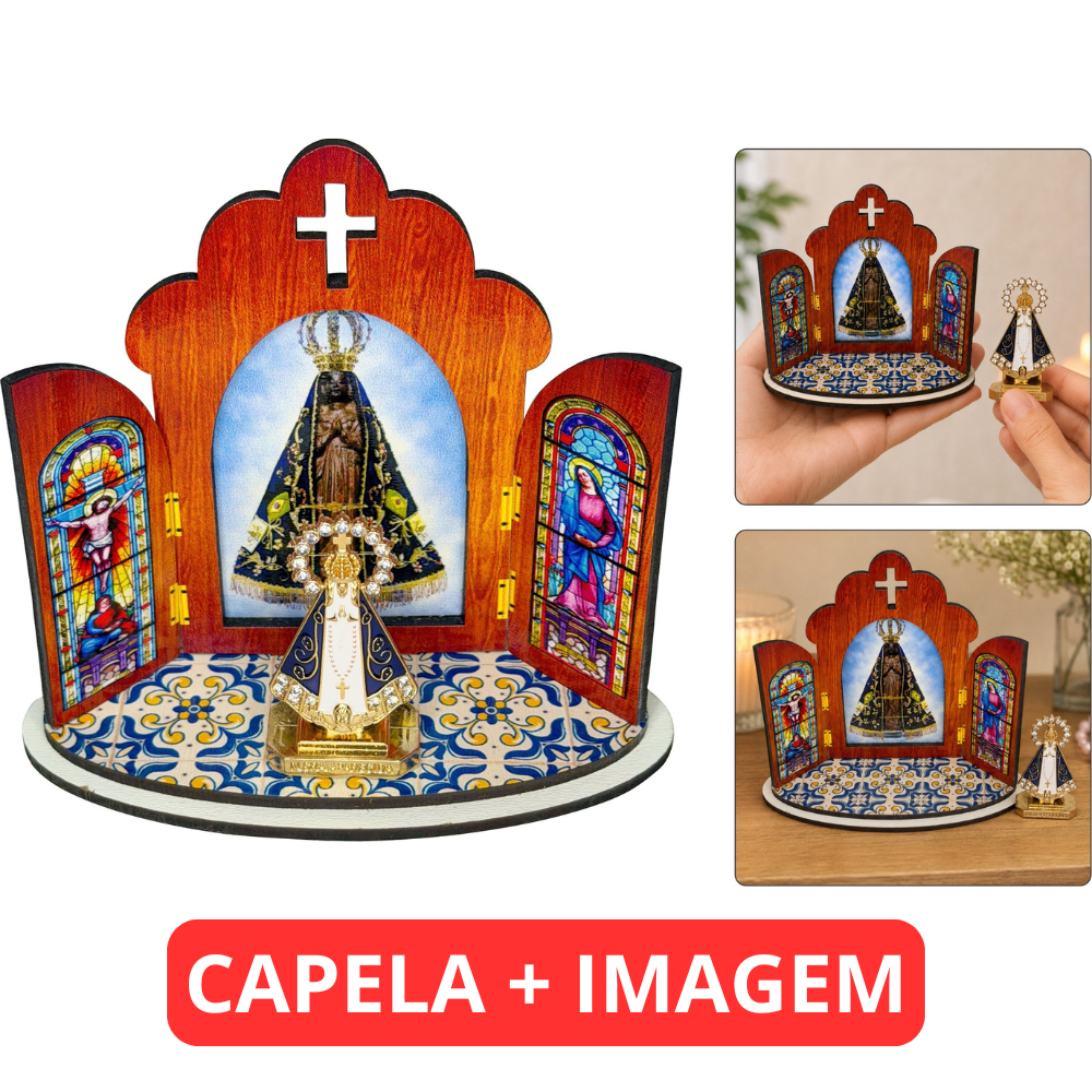 Kit Oratório Capela Nossa Senhora Aparecida Mdf Com Imagem Santinha Altar Madeira Estilo Português