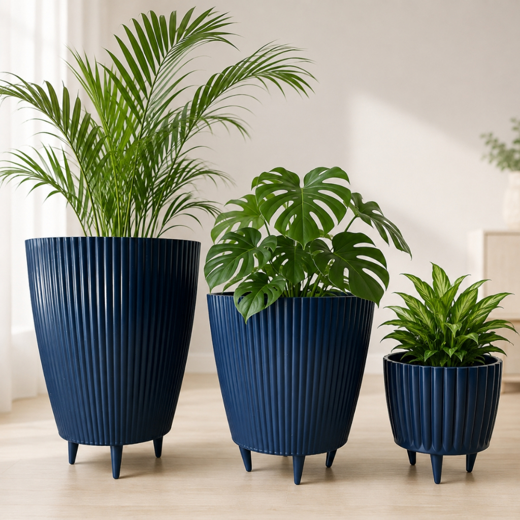 Kit Combo 3 Vasos Canelados com Pés Coluna + Bojo + Cachepot Decorativo para Plantas Jardim Sala