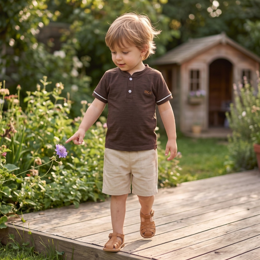 Kit Infantil Masculino 2 Peças Camiseta Gola Padre Manga Curta e Shorts Estilo Linho Leve Antialérgico