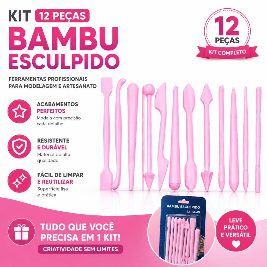 Kit Estecas 12 Peças Plástico para Confeitaria Pasta Americana Biscuit Decoração Bolos Modelagem - Rosa