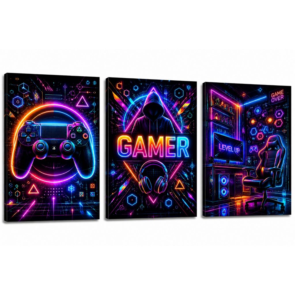 Kit De Quadros 3 Peças Para Quartos Gamer Decoração Gamer Controles Cadeiras Gamer Coloridos