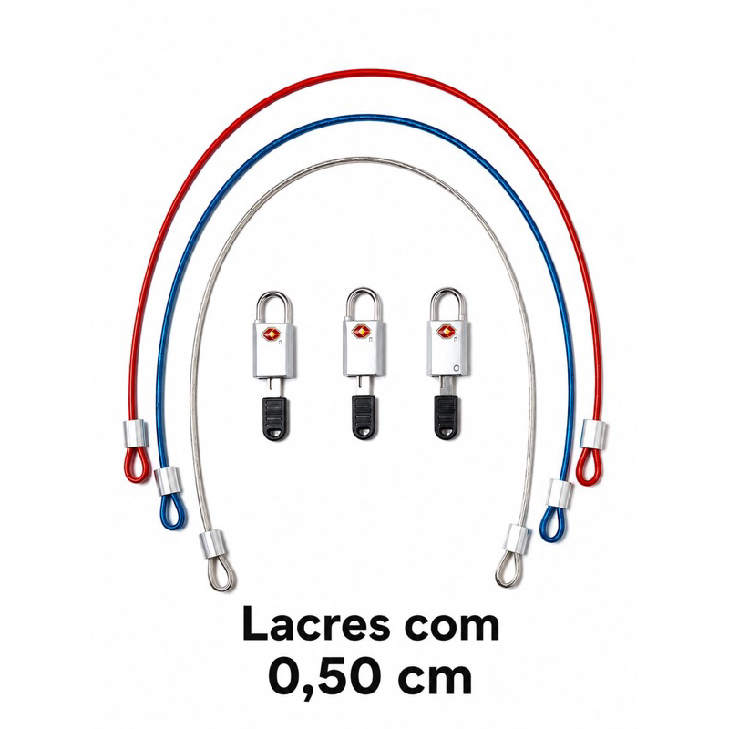 3 cadeados TSA com chave + 3 Lacres Malas 50 cm em Aço COLORIDOS Originais lacre Malas