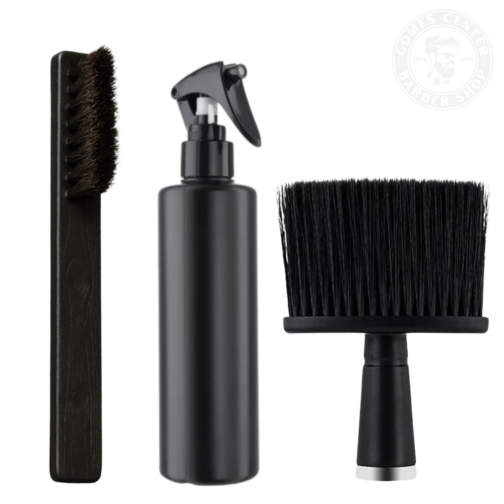 Kit Barbeiro Profissional – Espanador Black  + Borrifador h20+ Escovinha de Disfarce Fade