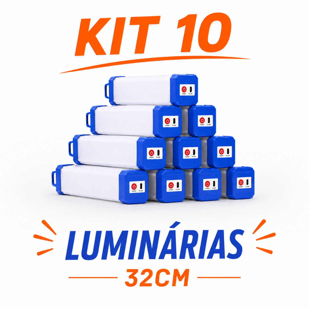 Kit 10 Luzes de Emergência LED Recarregáveis USB Magnéticas 40W 32cm para Casa Oficina Trilhas Aventuras Pesca e Viagens