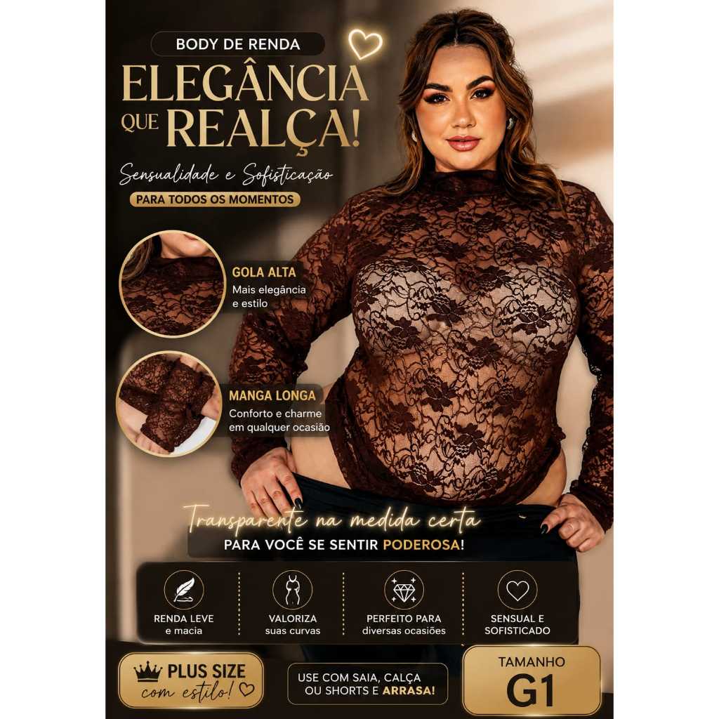BODY FEMININO DE RENDA PLUS SIZE MANGA LONGA, GOLA ALTA ELEGANTE