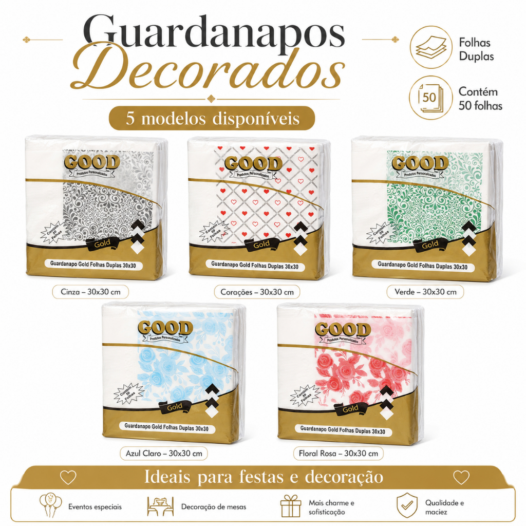 Kit 50 Guardanapo Gold Floral 30x30 Folha Dupla