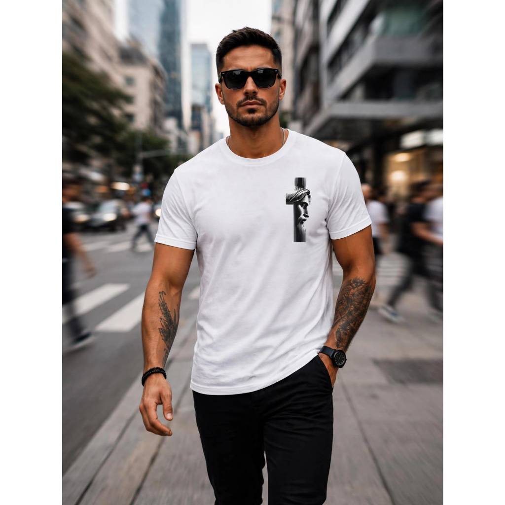 Camiseta Masculina Cristã Jesus na Cruz em Poliéster Camisa Gospel Premium Estampa Exclusiva Streetwear do P ao GG