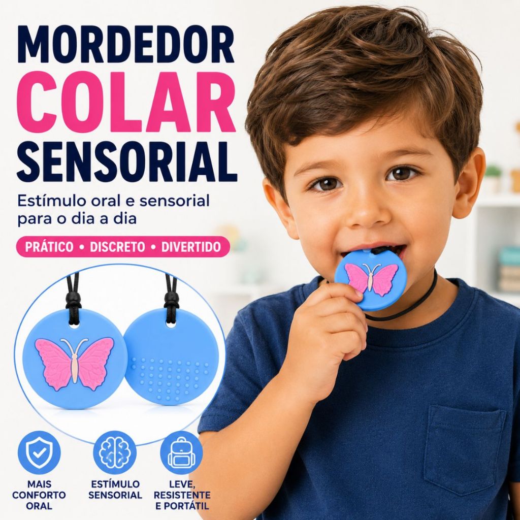 Colar Mordedor Infantil Autismo Anti Stress TOD TDAH TEA Sensorial Borboleta Silicone  Oral Crianças