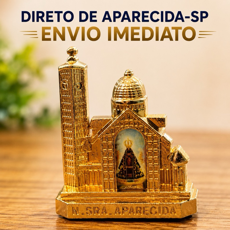 Imagem Basílica Nossa Senhora Aparecida Dourada para Carro Mesa Dupla Face