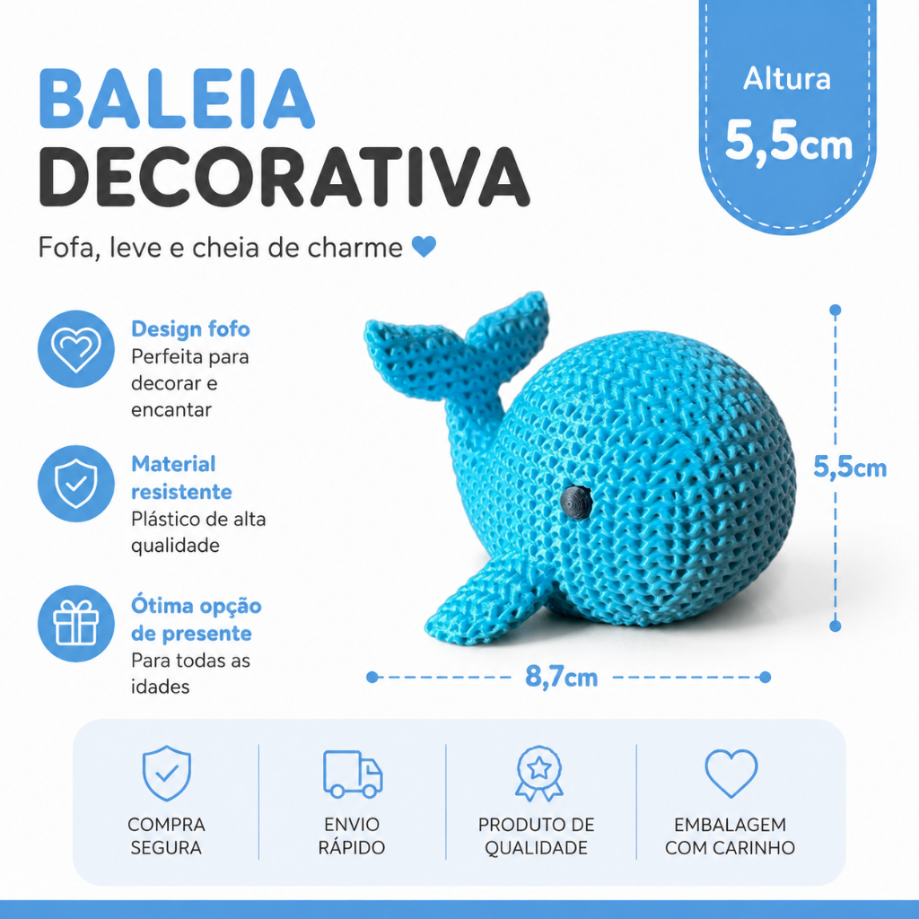 Baleia Amigurumi Estilo Crochê – Enfeite Infantil Decorativo, Presente Criativo