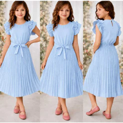 vestido infantil juvenil saia plissado com forro mídi evangélico com babado, laço em cintura