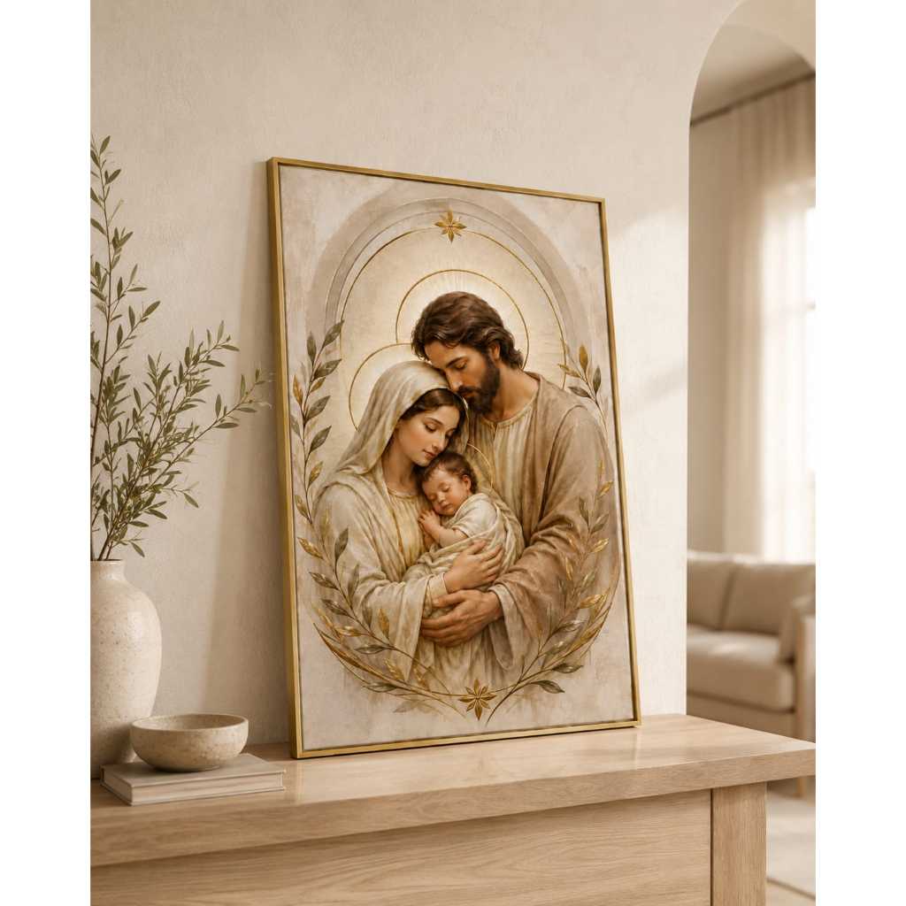 quadro decorativo sagrada família religioso católico jesus maria josé dourado bege sala quarto presente fé proteção