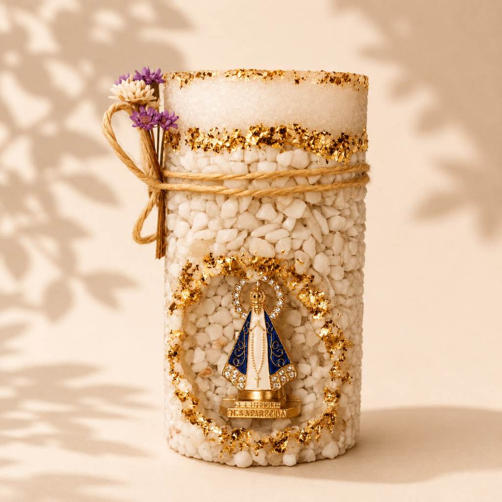 Vela Artesanal Religiosa Decorativa com Pedras Naturais e Detalhes Dourados – Nossa Senhora Aparecida | Cruz
