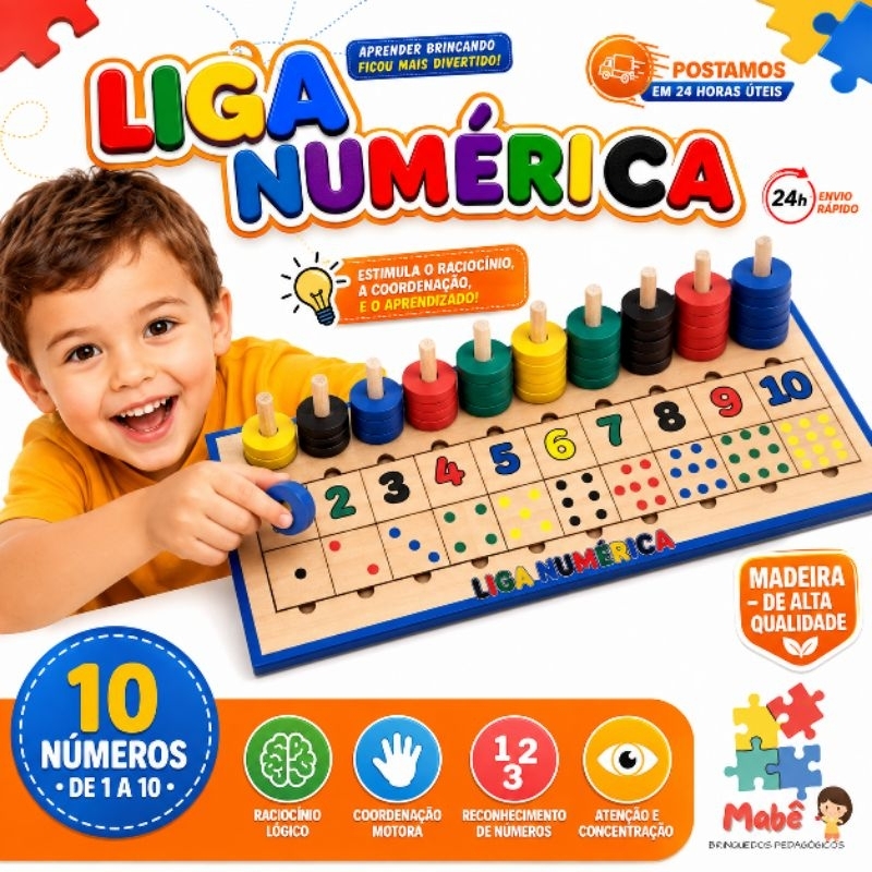 Liga Numérica Brinquedo Pedagógico Montessori Madeira 1 a 10