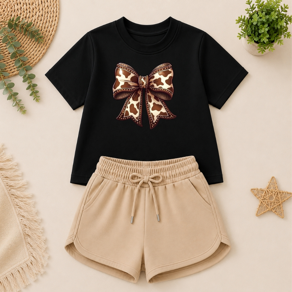 Conjunto infantil e juvenil meninas laço short e camiseta premium