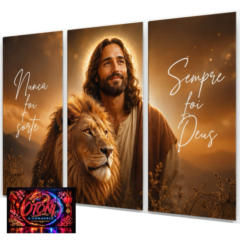 Quadros Decorativos Jesus Cristo e Leão De Judá Religioso 3 Peças Decoração Sala Quarto Escritório Decoração