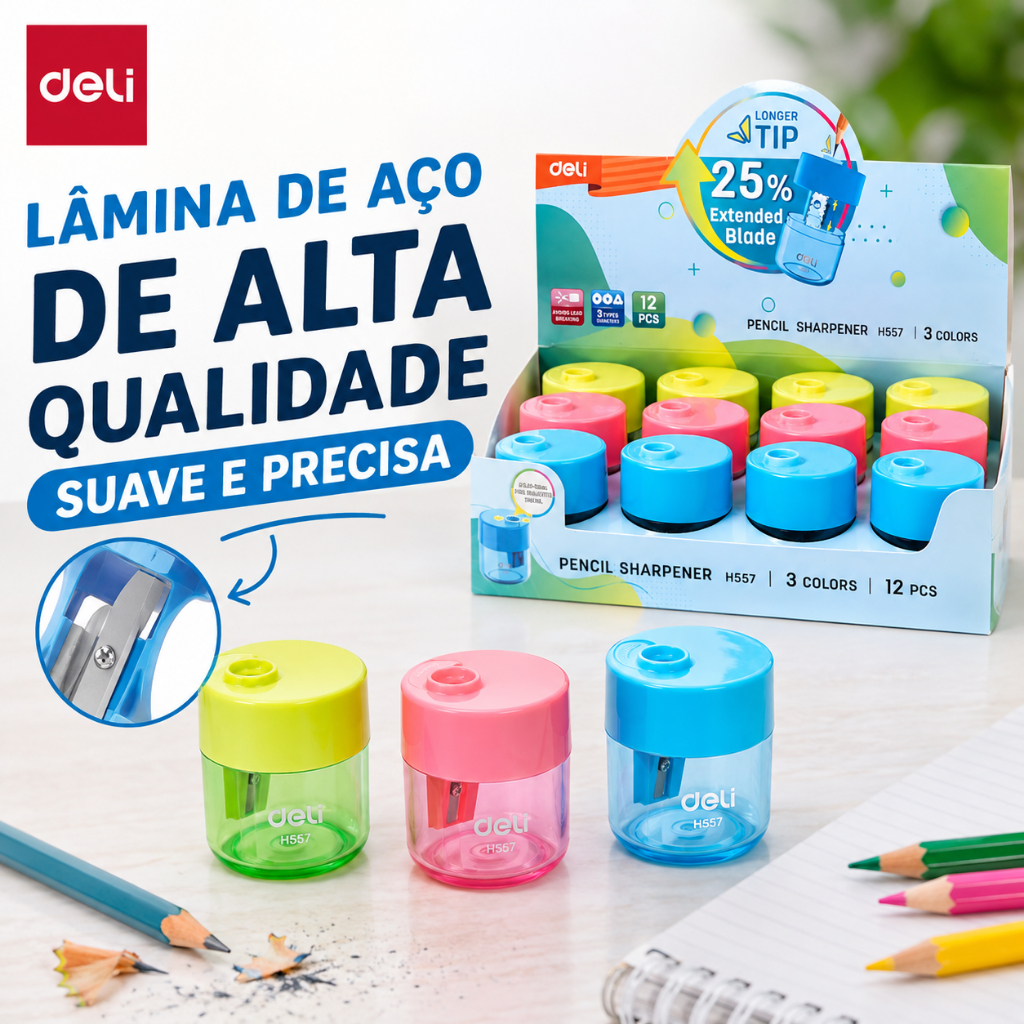 Kit 3 Apontadores com Depósito Deli Escolar Lâmina de Alta Qualidade