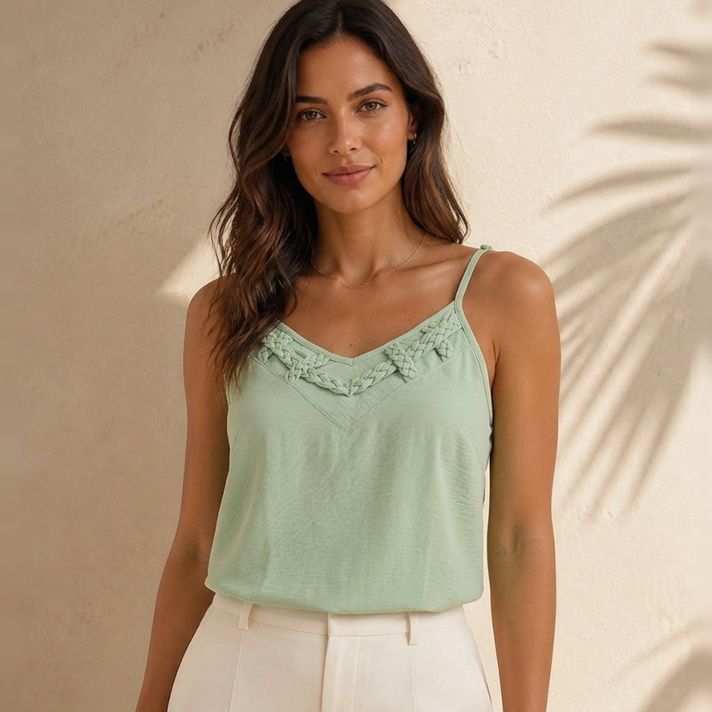 Regata Feminina Tecido Duna Trança no Decote Alcinha Regulável Blusa Soltinha Casual Elegante Verão