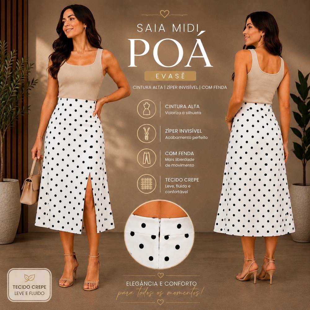 **Saia Midi Feminina Poá em Crepe com Fenda e Zíper Invisível nas Costas**
