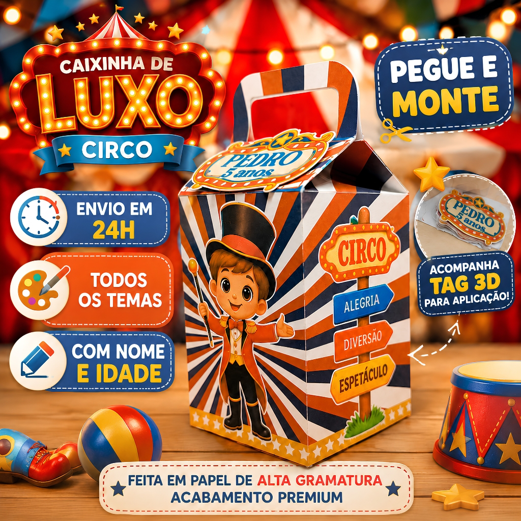 Kit 20 Caixinhas Milk com Alça e Tag 3D Personalizada Circo Azul com Nome e Idade Lembrancinha Festa Infantil