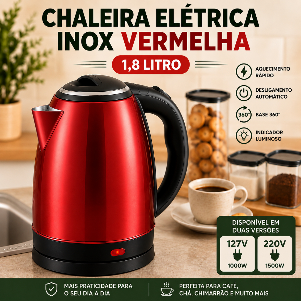 Chaleira Elétrica Inox Vermelha 1,8L 127V ou 220V Aquecimento Rápido Desligamento Automático Cozinha