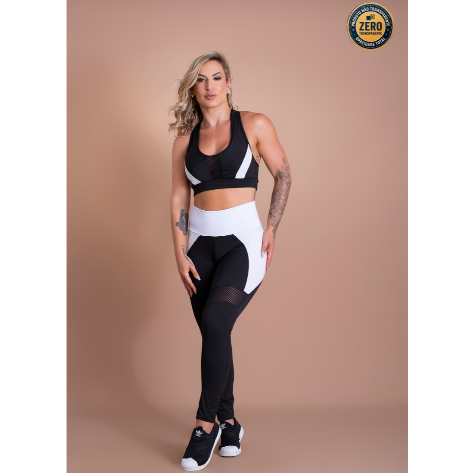 Conjunto Fitness Feminino Calça Legging Cintura Alta Detalhe E Top Nadador Tela Frontal Academia ZERO TRANSPARÊNCIA