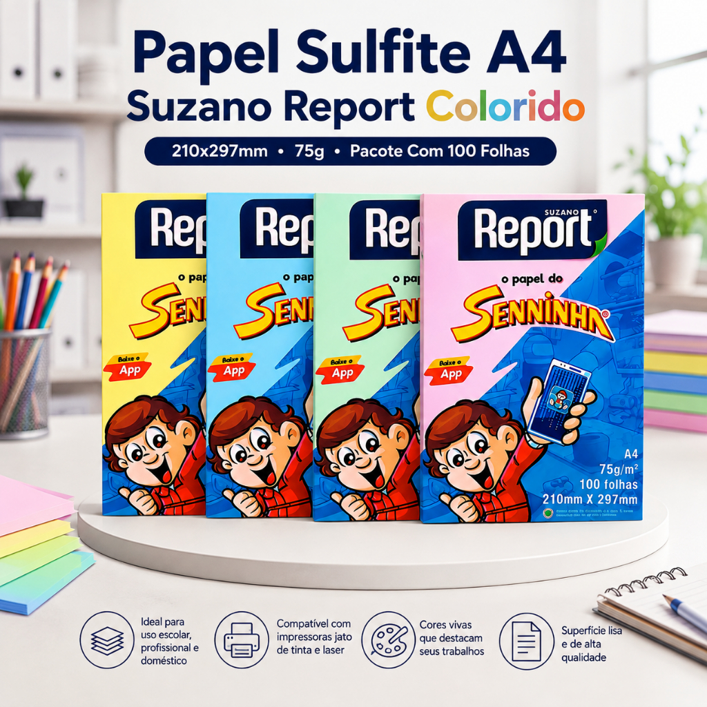 Papel Sulfite A4 Suzano Report Colorido 210x297mm 75g Pacote Com 100 Folhas