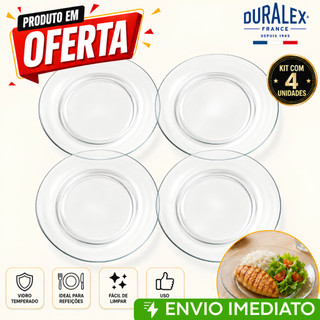 Kit 4 Pratos Raso Duralex Vidro Transparente Astral Circular 23.CM Temperado- Resistente a risco