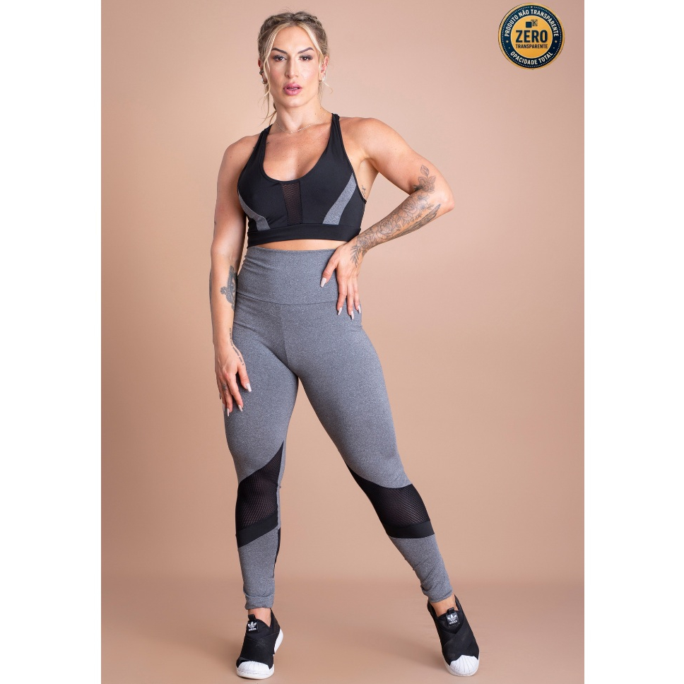 Conjunto Fitness Feminino Calça Legging Cintura Alta Detalhe Perna E Top Nadador Tela Academia Treino ZERO TRANSPARÊNCIA