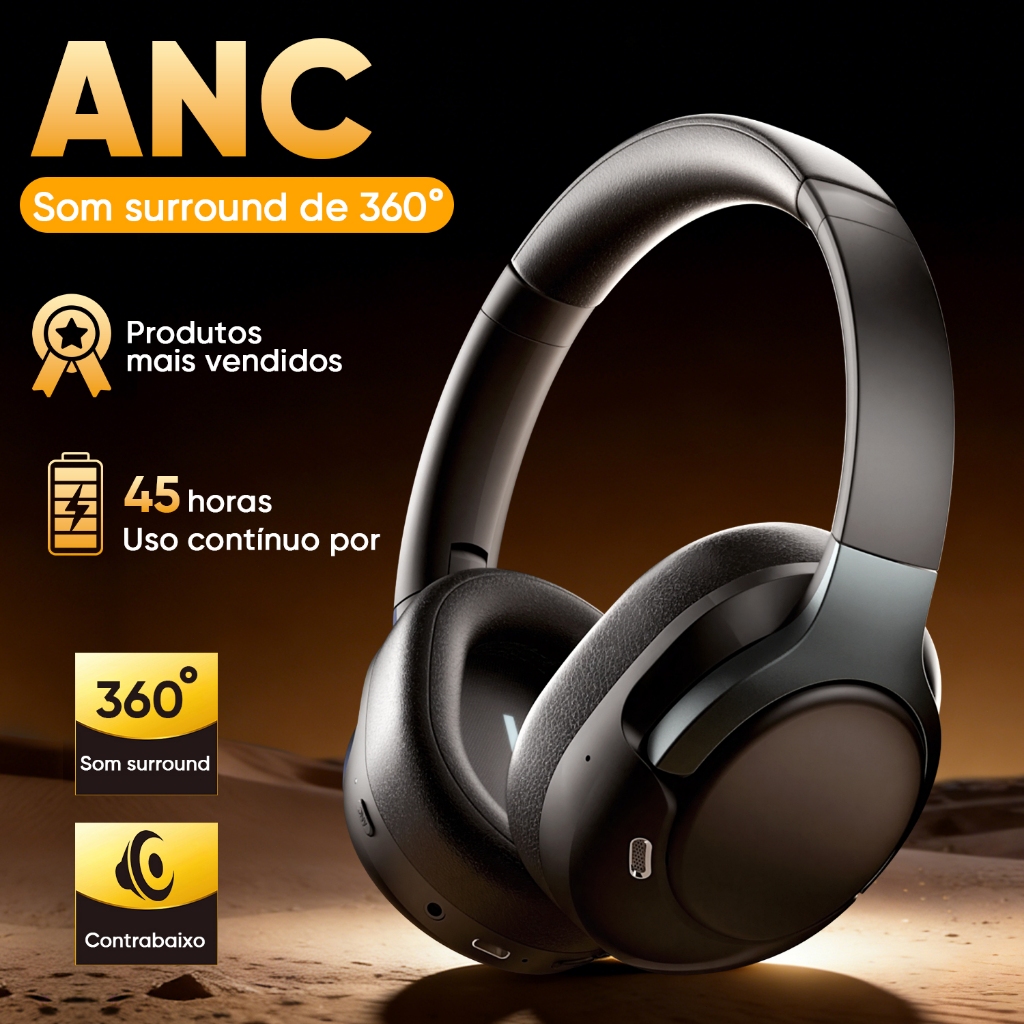 Fone de Ouvido Bluetooth 5.4 ANC INOVA Headphone Sem Fio Over-Ear 44H Microfone P2 Cancelamento de Ruído