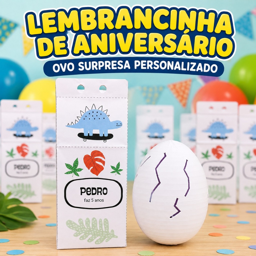 Lembrancinha Aniversário Dinossauro Personalizada – Ovo Surpresa com Mini Dino + Caixa com Nome e Idade