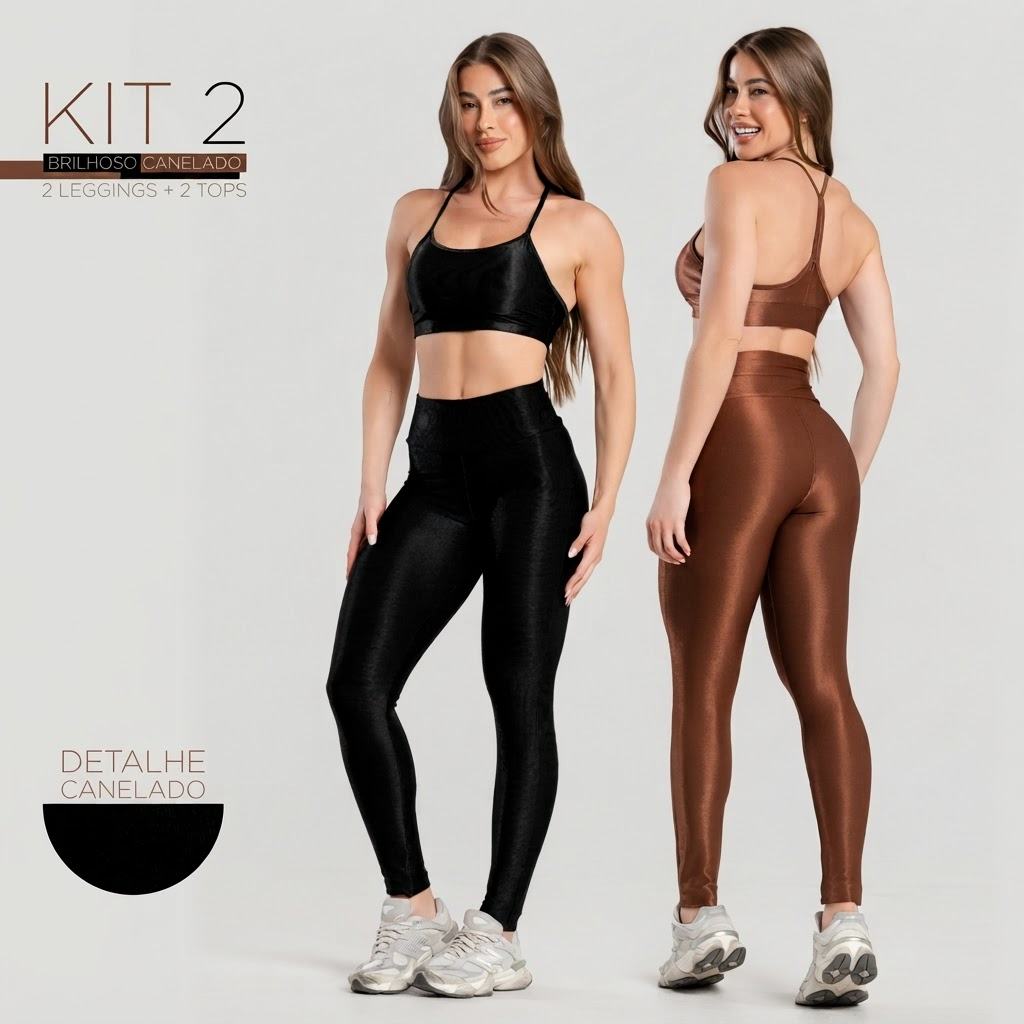 Kit 2 Conjuntos Fitness Feminino -Tops+Leggings Brilhosas Caneladas com Cós Alto
