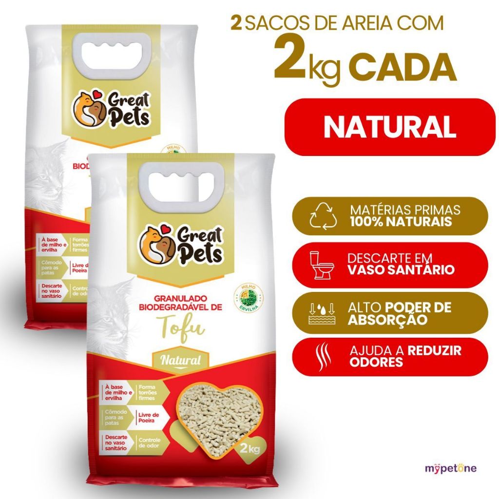 2 Areia Gatos Tofu 4kg Granulado Biodegradável Higiênico Natural Great Pets